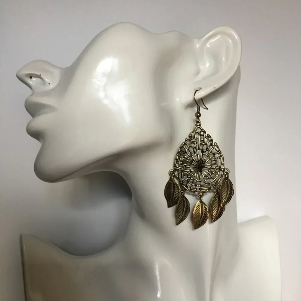 Dream-catcher with dangling leaves bronze-tone earrings